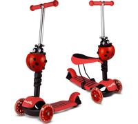 Malplay Trottinette coccinelle Scooter avec éclairage LED, avec siège amovible 75 cm, rouge, guidon réglable en hauteur, dès 3 ans
