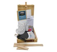 Malset Luca Mallette d'artiste en pin avec chevalet de table, peintures acryliques, pinceaux, palette et toile - Kit complet pour loisirs et professionnels