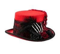 MALSSE Chapeau victorien en laine réglable avec main squelette avec rose et détails en dentelle pour femme, festival de musique, victorien, Rouge, Taille unique