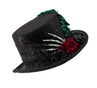MALSSE Chapeau victorien en laine réglable avec main squelette avec rose et détails en dentelle pour femme, festival de musique, victorien, noir/vert, Taille unique