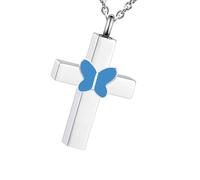 MALSSE Collier commémoratif avec croix élégante papillon bleu pour cendres commémoratif de votre animal de compagnie bien-aimé et de la famille, tenue décontractée, cadeau de perte d'animal de