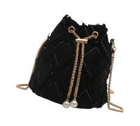 MALSSE Petit sac à bandoulière tendance à pompons en denim pour femme avec chaîne réglable et cordon de serrage, Noir , One Size