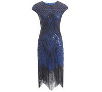 MALSSE Robe garçonne pour femme - Robe des années 1920 dotée d'un col rond, de perles et de franges - Robe de soirée à paillettes et à franges - Pour bal, cocktail, soirée, bleu, M