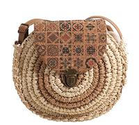 MALSSE Sac de plage en paille pour femme - Joli sac à main - Petit sac à bandoulière rond tendance - Petit sac à main rond en paille, Riz avec kaki, One Size