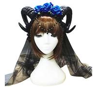 MALSSE Serre-tête Halloween Carnaval Corne de Mouton Rose Fleur Chaîne Couronne Cerceau pour Vampire Maille Voile Gothique Cosplay Carnaval