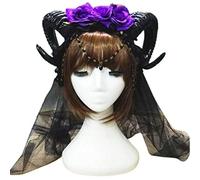 MALSSE Serre-tête Halloween Carnaval Corne de Mouton Rose Fleur Chaîne Couronne Cerceau pour Vampire Maille Voile Gothique Cosplay Carnaval
