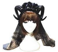 MALSSE Serre-tête Halloween Carnaval Corne de Mouton Rose Fleur Chaîne Couronne Cerceau pour Vampire Maille Voile Gothique Cosplay Carnaval