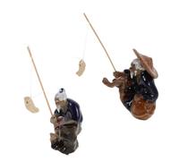 MALUGOGO Lot de 2 figurines de pêcheur en céramique pour bonsaï Micro Paysage détaillé Vieil homme statues de pêche Asiatique Zen Ornements de jardin Aquarium et décoration d'intérieur