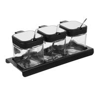 MALUGOGO Lot de 3 pots à épices avec plateau - 255 ml - En verre - Avec couvercles en plastique noir - Contenants hermétiques pour condiments pour restaurants et hôtels