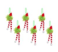 MALUGOGO Lot de 6 pendentifs de Noël aux cheveux verts - Écharpe rayée - Chapeau de Père Noël - Décoration à suspendre - Ornement de sapin de Noël en peluche longue - Vert clair