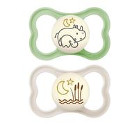MAM Air Night, lot de 2 tétines, MAM de 6 à 16 mois, phosphorescentes dans l'obscurité, pour peaux sensibles, accessoires pour bébé avec tétines en silicone et porte-tétine, neutre, vert