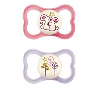 MAM Air Night, lot de 2 tétines, MAM de 6 à 16 mois, phosphorescentes, pour peaux sensibles, avec tétines en silicone et porte-tétine, rose et violet