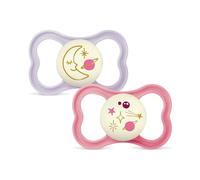 MAM Air Night, lot de 2 tétines, MAM de 6 à 16 mois, phosphorescentes, pour peaux sensibles, avec tétines en silicone et porte-tétine, rose et violet