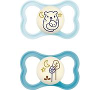 MAM Air Night sucettes en silicone, lot de 2, sucettes bébé lumineuses et sans danger pour les dents, design de bouclier extra léger et aéré avec boîte à sucettes, 16 mois et +, ourson/arbres