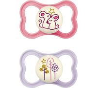 MAM Air Night sucettes en silicone, lot de 2, sucettes pour bébé lumineuses et sans danger pour les dents, design de bouclier extra léger et aéré avec boîte à sucettes, 6-16 mois, souris/arbres