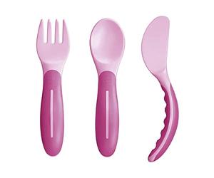 MAM Baby's Cutlery Set de couverts antidérapant, avec fourchette, cuillère et couteau, 6 mois et rose