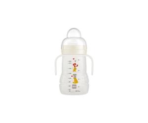 MAM | Biberon de transition 4+ mois (220 ml) Blanc - Biberon d'apprentissage avec 1 tétine débit 3 rapide + 1 bec anti-fuite - Biberon avec poignées ergonomiques pour apprendre à boire comme un grand
