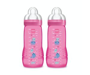 MAM Biberon Deuxième Age Coloré 330 ml à Partir de 6 Mois Tétine Débit X Lot de 2 - Couleur Aléatoire