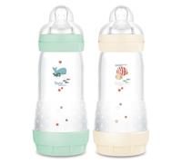 MAM - Lot 2 Biberons Easy Start Anti-Colique 320 ml Tétine débit 3 - Menthe + Coton