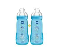 MAM - Biberons Easy Active 6+ mois (2 x 330 ml) Bleus - Lot de 2 biberons avec tétine en silicone débit X vitesse ultra-rapide - Biberons pour bébé avec fermeture hermétique