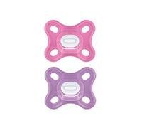 MAM MAM Lot de 2 tétines confortables de 0 à 3 mois en 100% silicone avec design unique, kit d'accessoires pour bébé doux et léger avec porte-tétine stérilisateur, rose/violet