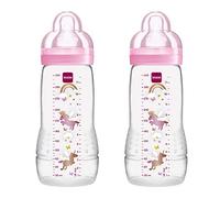 MAM Easy Active Baby Bottle with Fast Flow MAM Teats Size 3, Twin Pack of Baby Bottles, Baby Feeding, 330 ml, Colour: Pink (Designs May Vary)