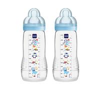 MAM Easy Active Baby Bottle with Fast Flow MAM Teats Size 3, Twin Pack of Baby Bottles, Baby Feeding, 330 ml, Blue (Designs May Vary)