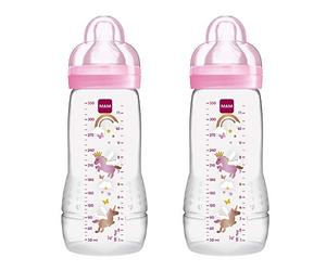 MAM Easy Active Baby Bottle with Fast Flow MAM Teats Size 3, Twin Pack of Baby Bottles, Baby Feeding, 330 ml, Colour: Pink (Designs May Vary)