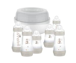 MAM Easy Start Bottle & Microwave Steriliser Set, Comes with 6 x MAM Easy Start Self Sterilising Anti-Colic Baby Bottles, BPA Free Bottle Steriliser for Babies