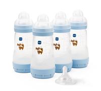 MAM Easy Start Lot de 4 biberons anti-coliques auto-stérilisants MAM à débit moyen Taille 2 + 1 tétine à débit rapide Taille 3 Bleu