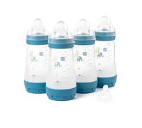 MAM Easy Start Lot de 4 biberons anti-coliques auto-stérilisants MAM à débit moyen Taille 2 + 1 tétine à débit rapide Taille 3 Bleu