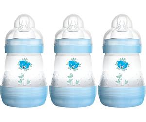 MAM Easy Start Self Sterilising Anti-Colic Baby Bottle 3 Pack (3 x160 ml) with Slow Flow MAM Teats Size 1, Newborn Essentials, Blue (Designs May Vary)