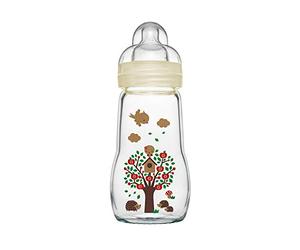 MAM Feel Good Biberon en verre (260 ml), biberon stable à large ouverture, avec tétine Taille 1, dès la naissance, motifs nature, beige