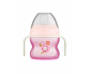 MAM Gobelet d'apprentissage à partir de 4 mois, 150 ml, bec verseur asymétrique en silicone facilement acceptable, avec poignées qui brillent dans le noir, rose, lot de 1