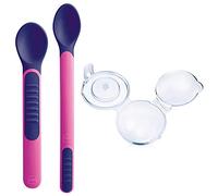 MAM Heat Sensitive Spoons & Cover, Couverts de sevrage changent de couleur avec la chaleur, avec étui à couverts, rose