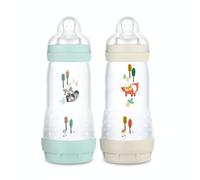 MAM Lot de 2 biberons Easy Start Anti-Colique (320 ml), biberon bébé idéal pour l'allaitement mixte, tétine débit 3, base aérée anti-colique, Aqua & Lin