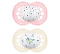 MAM Lot de 2 tétines en latex de caoutchouc naturel, à partir de 16 mois, avec tétine symétrique, plate et flexible, avec boîte auto-stérilisante, originale, rose vif