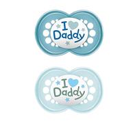 MAM Lot de 2 tétines originales | 16 mois et plus | livrées dans une boîte de stérilisation pour tétine | Matériaux durables | Accessoires pour bébé | Bleu - I Love Daddy (différents modèles)