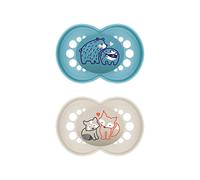 MAM Lot de 2 tétines originales en silicone MAM SkinSoft, respectueuses des dents, avec boîte à tétine, pour bébé de 6 à 16 mois, motifs : ours, renard