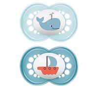 MAM Lot de 2 tétines originales en silicone MAM SkinSoft, respectueuses des dents, en matériaux durables et bio-renouvelables, avec boîte à tétine, pour bébé de 6 à 16 mois, motif baleine/bateau