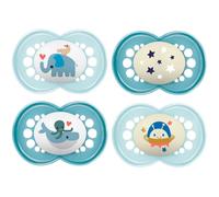 MAM Lot de 4 tétines originales Day & Night en silicone « Skin Soft » - Pour garçon - Tétine 6-16 - Avec 2 boîtes de transport stérilisées