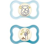 MAM MAM Lot de 2 tétines de 16 mois et plus, 16 à 36 mois, lumineuses dans le noir, avec piston en silicone et porte-tétine de stérilisateur, bleu clair/bleu clair