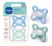 MAM MAM Lot de 2 tétines pour bébé de 0 à 4 mois, la meilleure tétine pour bébé allaité, collection Comfort' Design pour garçon, bleu, bleu