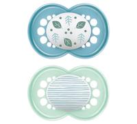 MAM MAM Original Lot de 2 tétines à partir de 6 mois avec tétine symétrique, plate et flexible en silicone Skin Soft Silicone facile d'acceptation avec boîte auto-stérilisatrice, bleu brillant