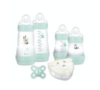 MAM Mon Coffret Naissance Nature, 4 biberons à tétine Easy Start Anti-Colique+1 sucette naissance+1 boite doseuse lait, kit bébé, ultra douce, couleur aqua
