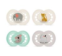 MAM Original Lot de 4 tétines 16 mois et plus, éléphant/léopard | Lot de 4 tétines symétriques en silicone souple MAM SkinSoft, agréables pour la peau sensible de bébé