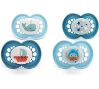 MAM Original - Lot de 4 tétines de jour et de nuit - 18-36 mois - Comprend 2 tétines phosphorescentes - Design orthodontique - Accessoires pour bébé - Bleu (designs variés)