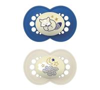 MAM Original Night Lot de 2 tétines lumineuses en silicone SkinSoft avec étui porte-sucette 16 mois bleu clair