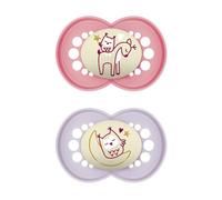 MAM Original Night - Lot de 2 tétines MAM de 16 à 36 mois, phosphorescentes dans le noir - Avec tétines en caoutchouc - Avec porte-tétine stérilisateur - Rose/violet