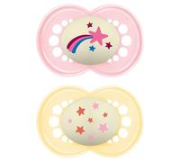 MAM Original Night Soothers Lot de 2 tétines phosphorescentes dans un étui de stérilisateur, matériaux durables, accessoires pour bébé - Rose (différents modèles)